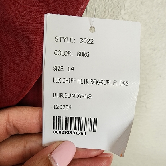 Dessy Collection Lux Chiffon Halter Back Ruffle Floor Dress In Burgundy 14 NWT - Picture 4 of 11